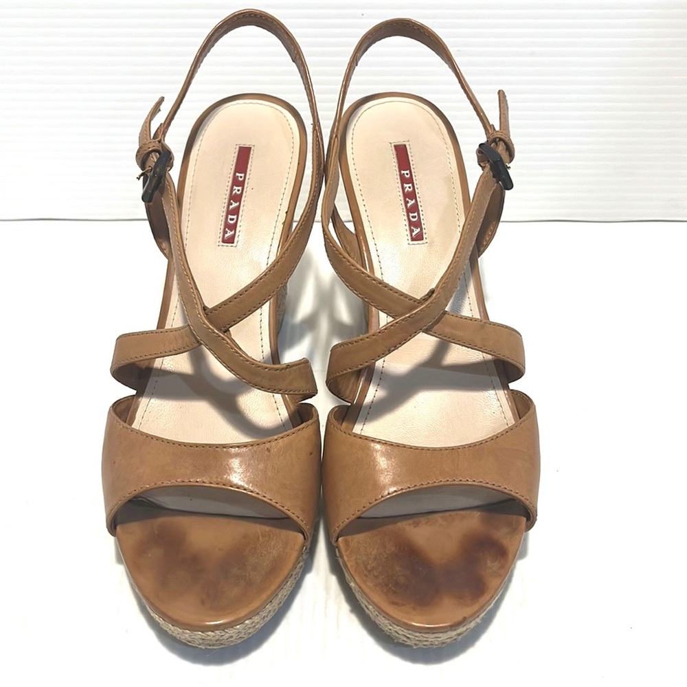 PRADA Leather Ankle Strap Platform Wedges Sandals Heels 40 - Picture 8 of 16